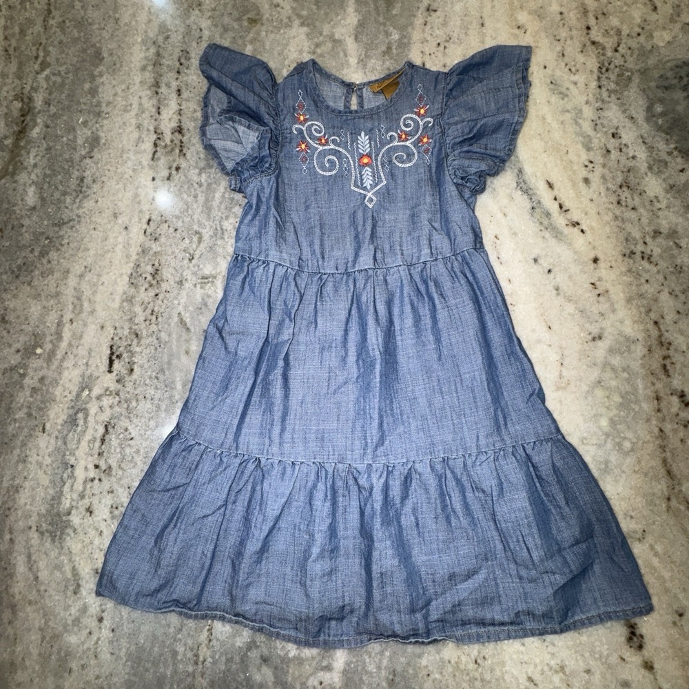 Wrangler Western Midi Tiered Dress Girl Sz Small 6/7 Blue Embroidered Cowgirl